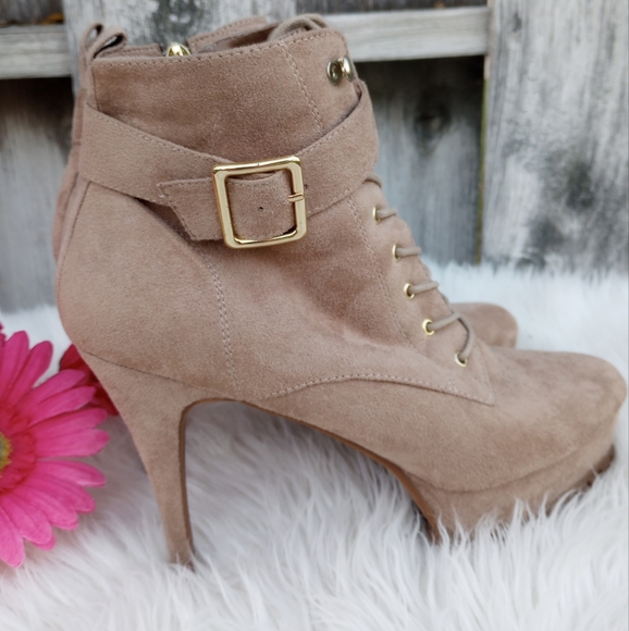 Guess Faux Suede Nude Luggy Buckle Platform Booties - Picture 2 of 15